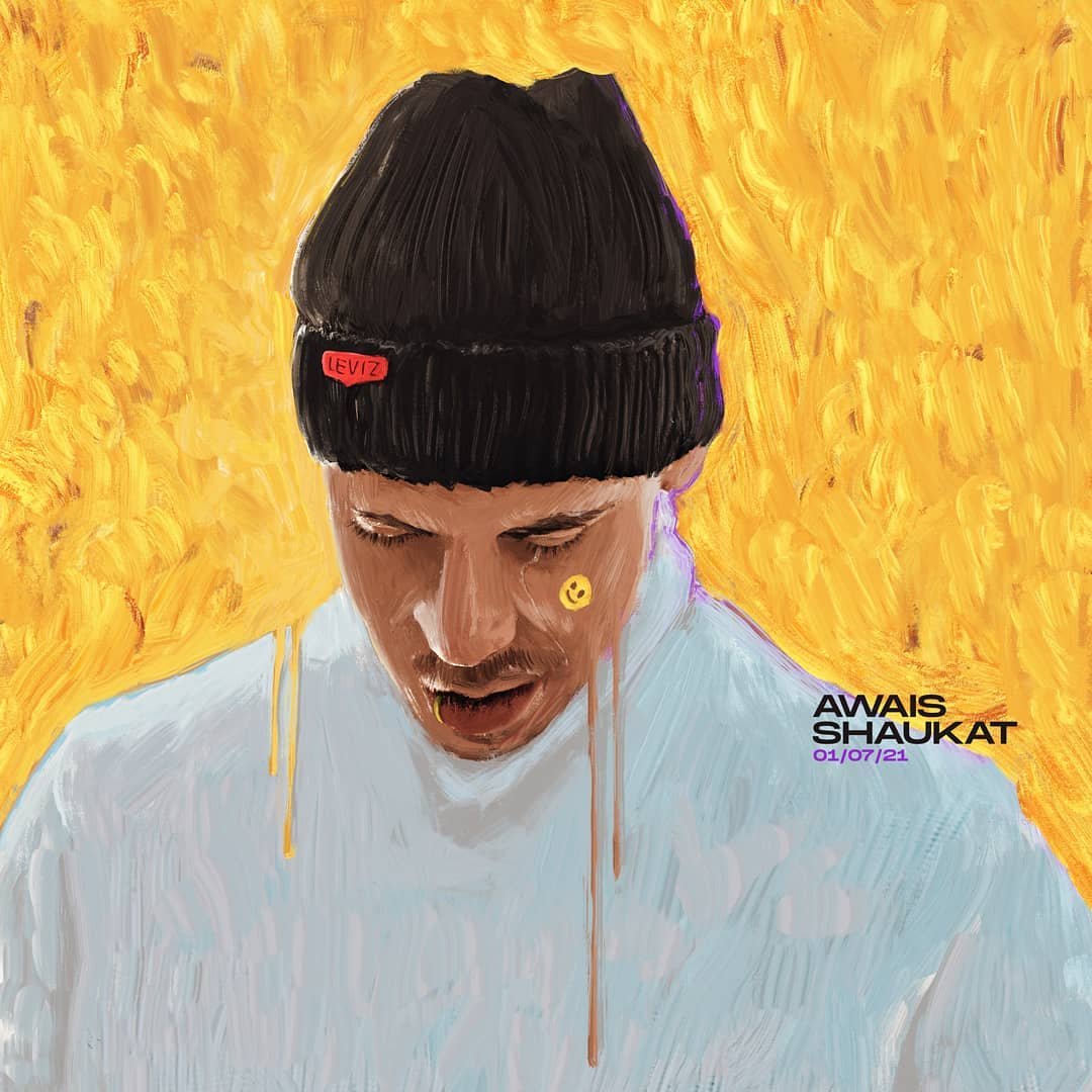 Digital impasto painting of a black rapper with yellow background, painted by Awais Shaukat in 2021.