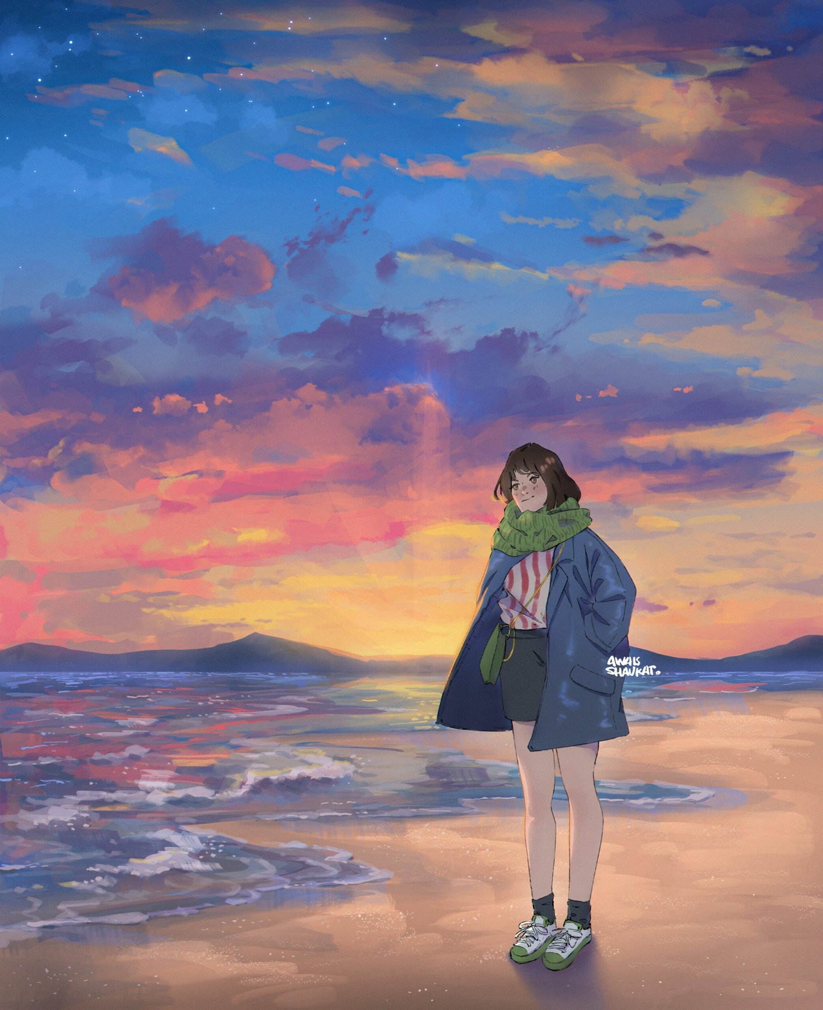 Anime girl in green scarf and blue jacket standing at beach in the front of mountains, at evening; illustration by Awais Shaukat.