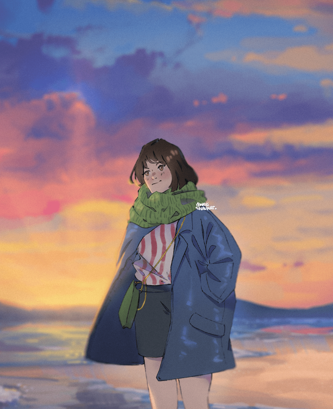 Anime girl standing on the beach at evening, illustration by Awais Shaukat.