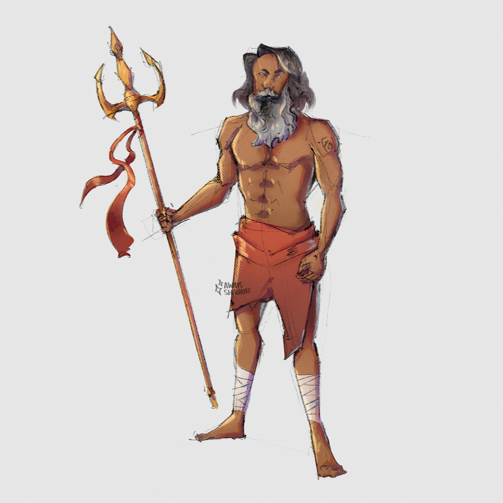 A character design of the hindu Sadhu with his weapon Trident, designed and illustrated by Awais Shaukat.