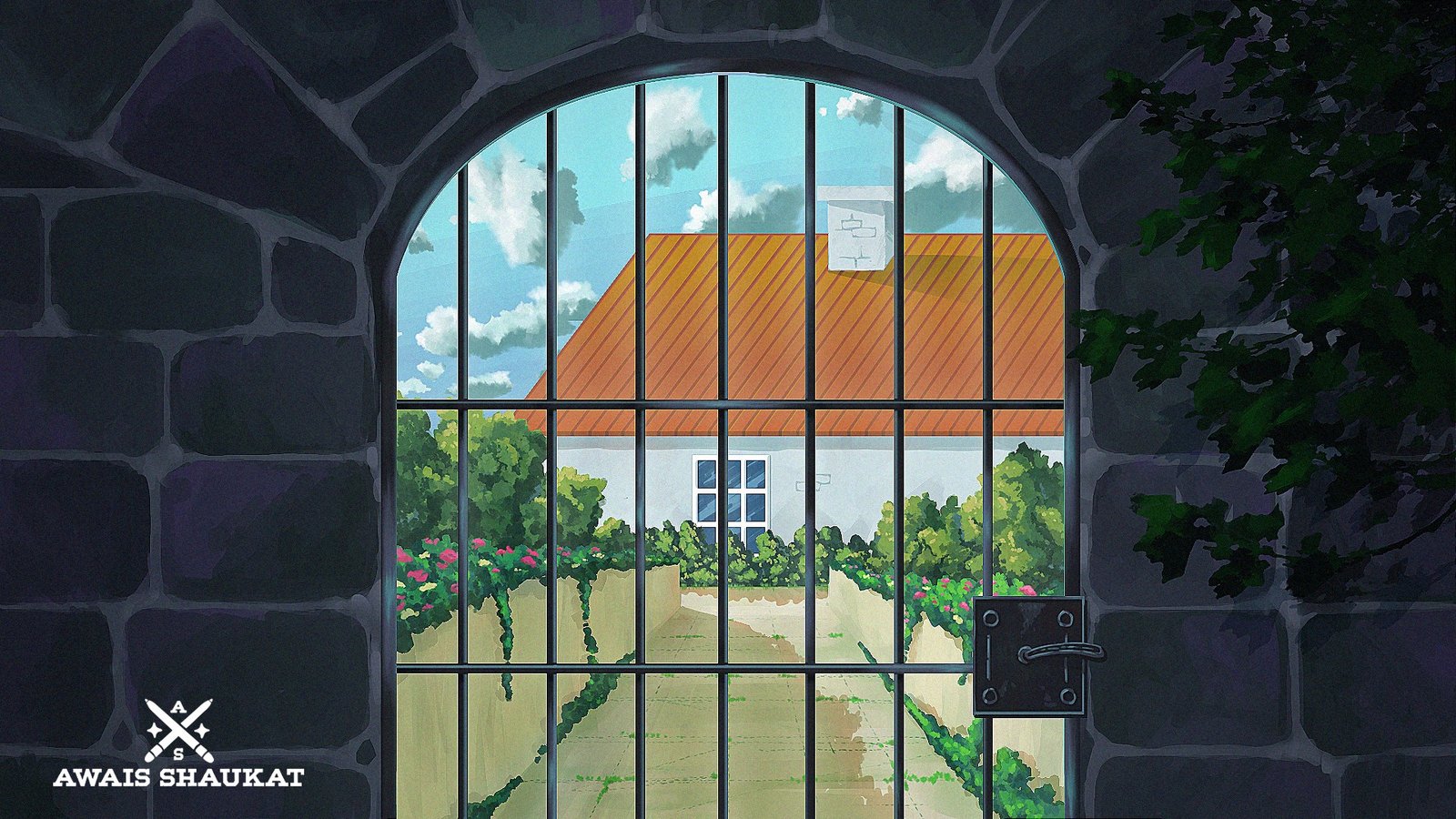 A house with orange roof top, view from gate; Studio Ghibli style background by Awais Shaukat.