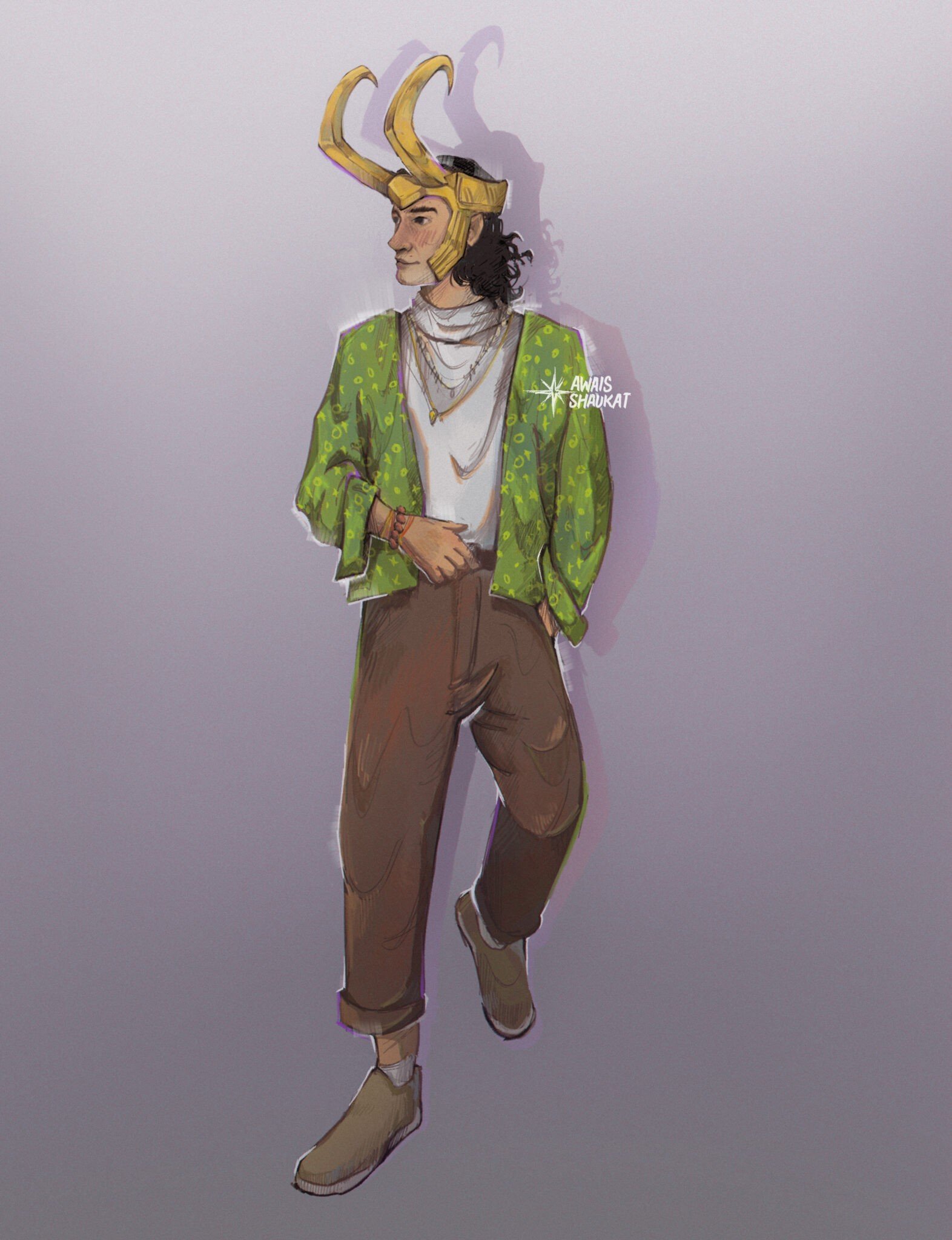 Loki in modern fashion style, character illustration by Awais Shaukat.