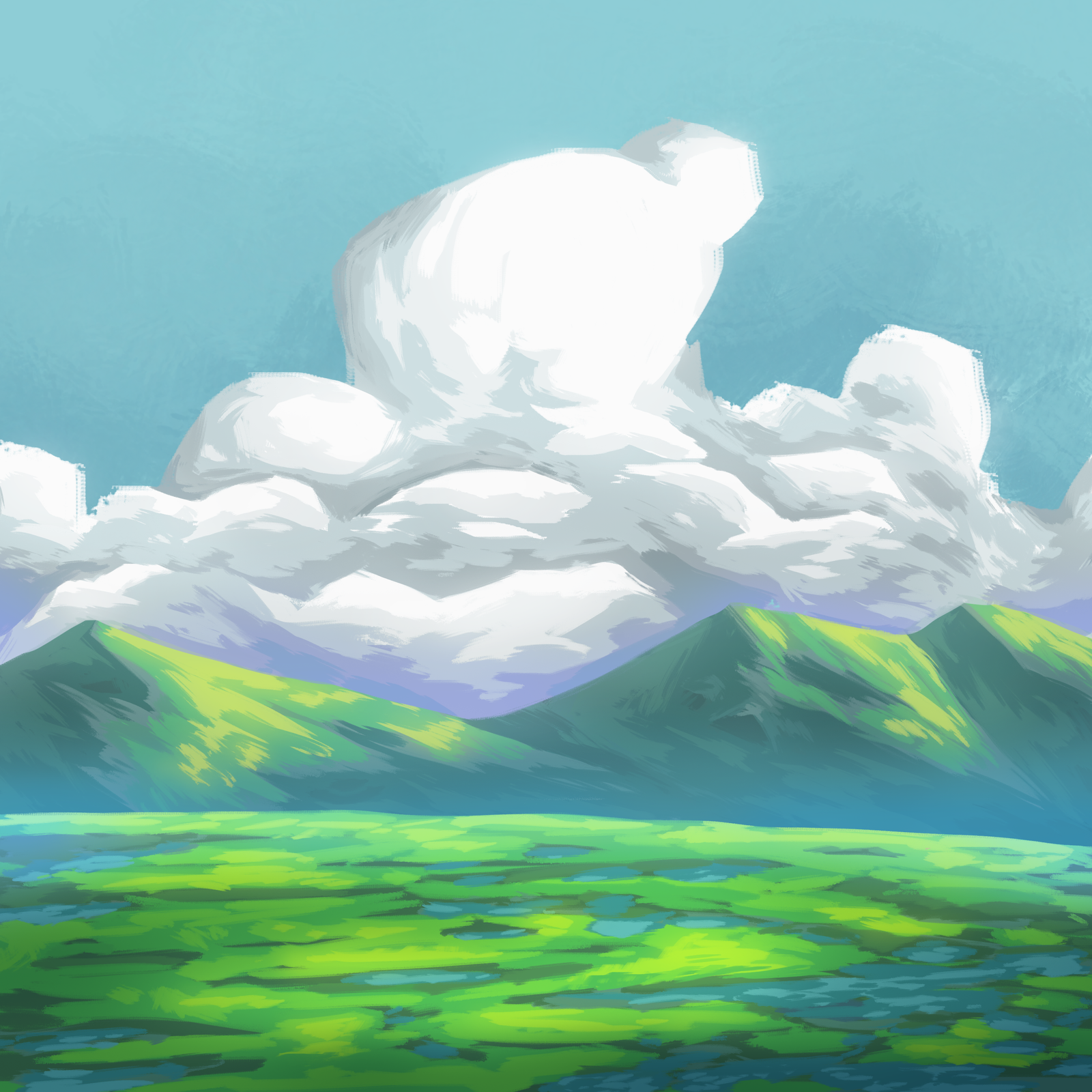 Hard brush digital painting of mountains and clouds in anime style, art by Awais Shaukat.