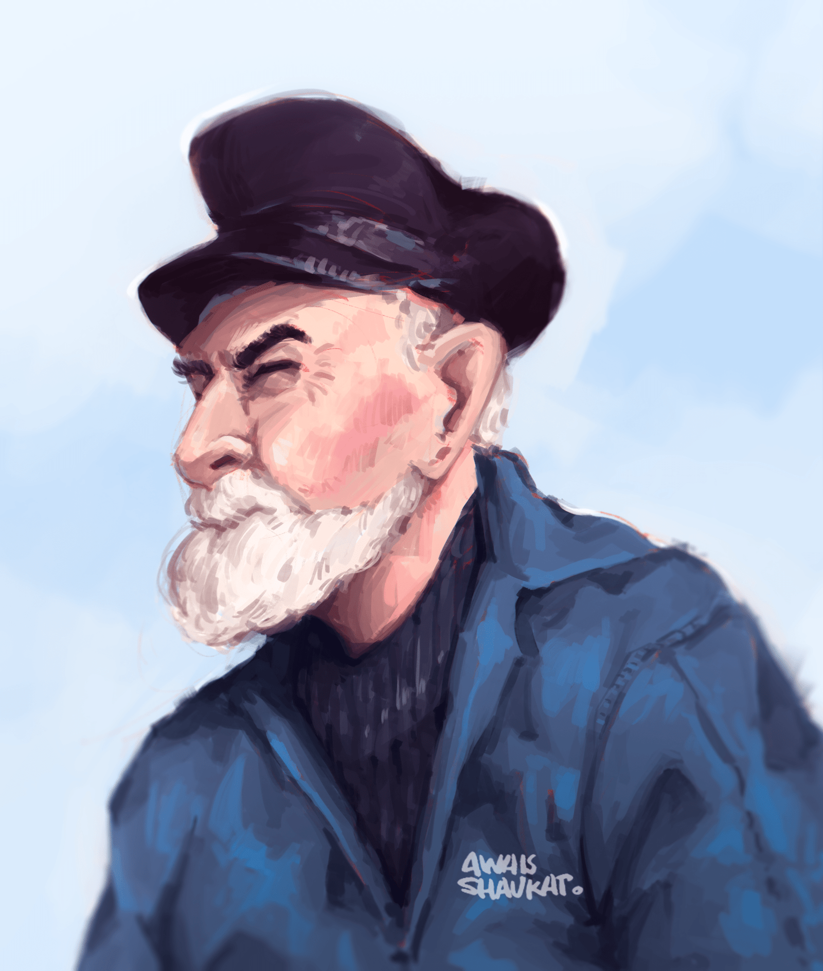 A closed-eyed old sailor man with a sailor hat and blue jacket; digital painting by Awais Shaukat on Photoshop.