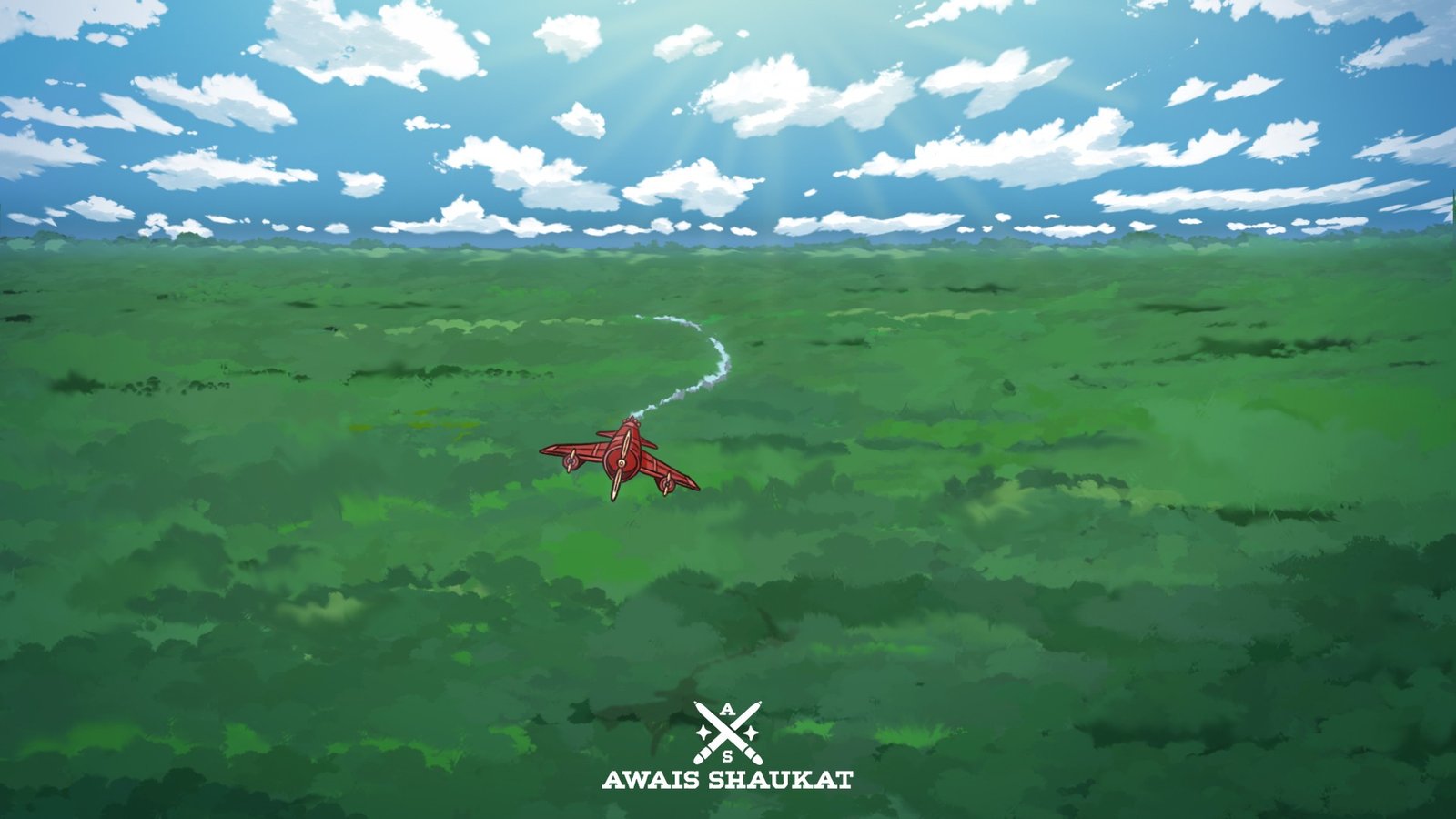 A red 70s plane flaying to the jungle, Studio Ghibli style background by Awais Shaukat.