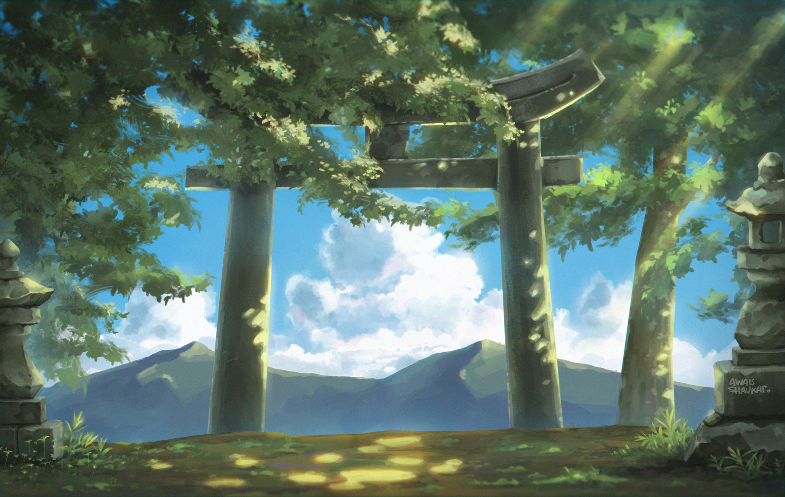 Hayao Miyazaki (Studio Ghibli) and Makoto Shinkai (Your Name)'s anime-style background of a Japanese countryside shrine on the top of mountains in the jungle with anime clouds. Illustration by Awais Shaukat.