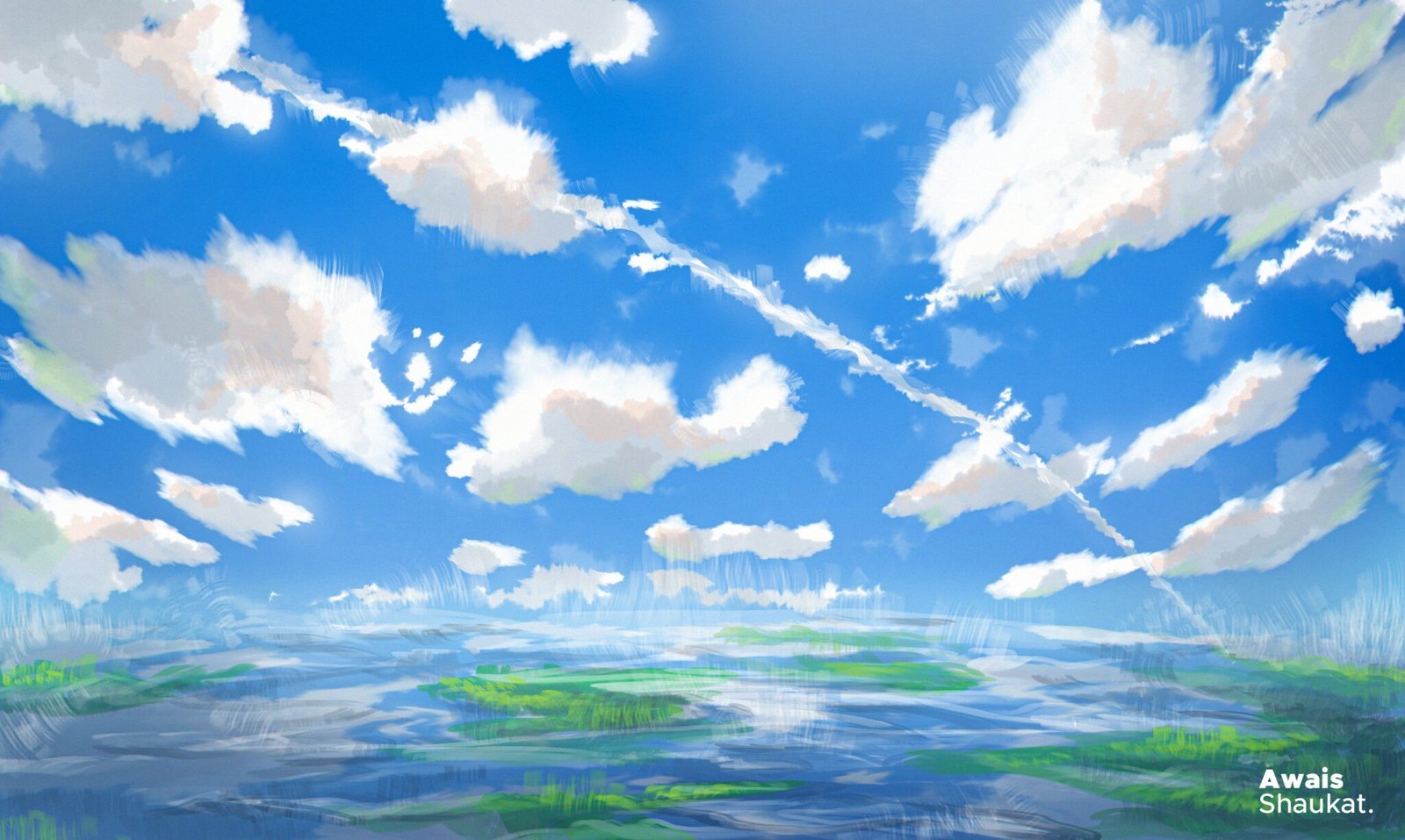 Anime inspired art, digital background painting of Blue Sky with clouds by Awais Shaukat