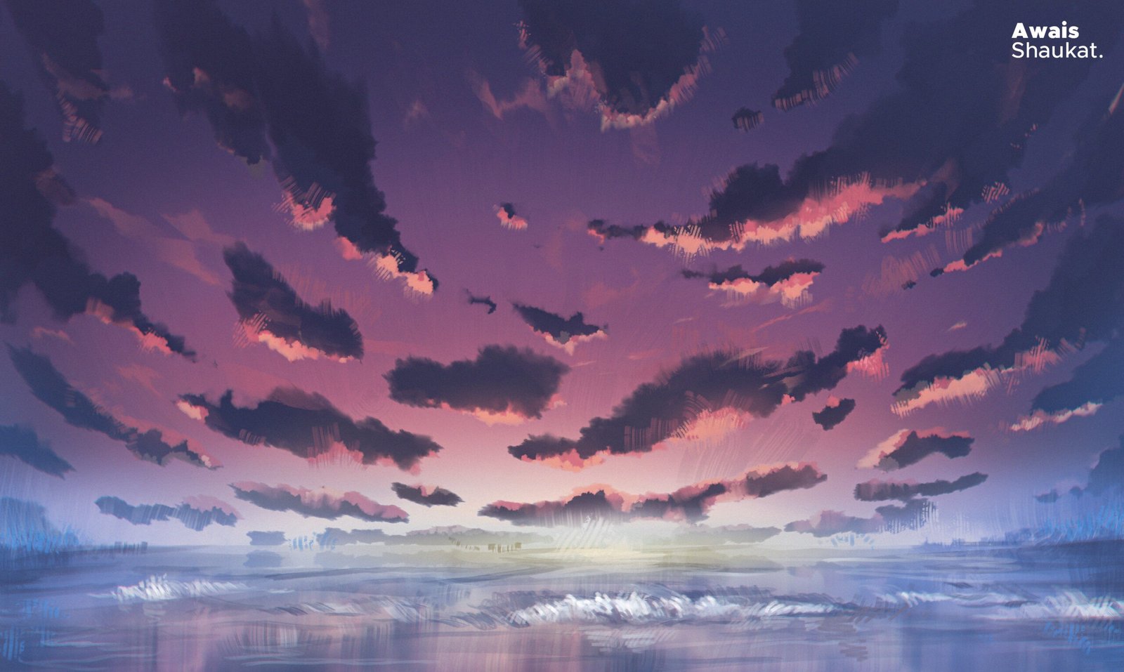 Anime inspired art, digital background painting of Evening Sky at ocean by Awais Shaukat