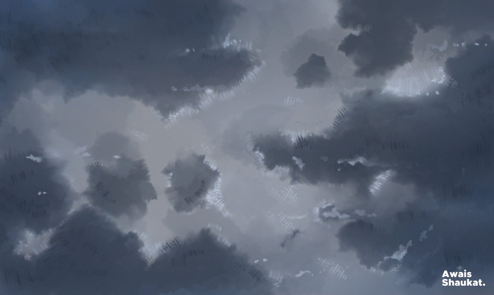 Digital background painting of clouds in rainy weather at ocean by Awais Shaukat