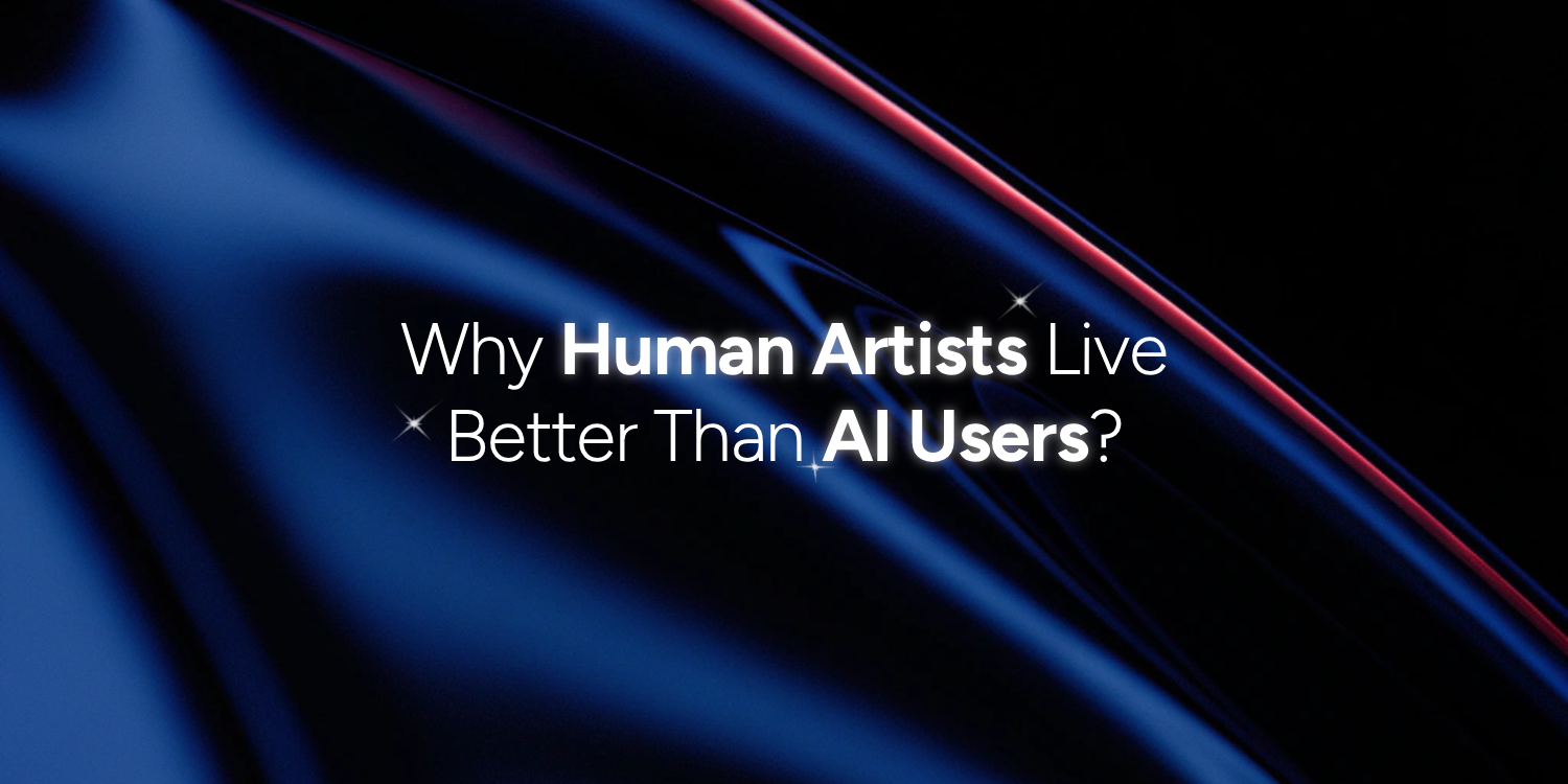 Abstract dark blue and black background with a soft light streak and red highlight. Centered white text reads: ‘Why Human Artists Live Better Than AI Users?’ with the words ‘Human Artists’ and ‘AI Users’ bolded. Image by Awais Shaukat.