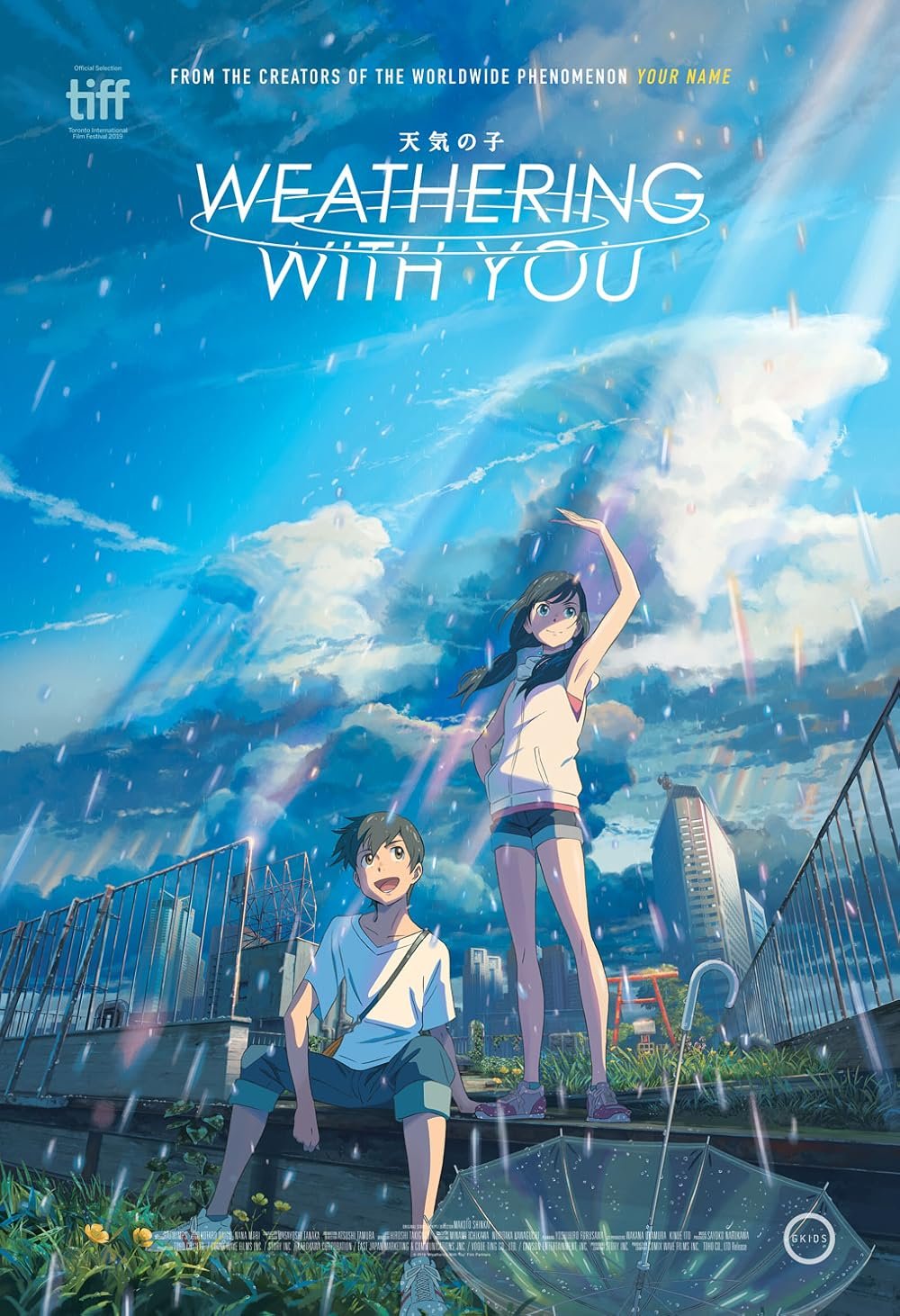 Poster for Weathering With You (Tenki no Ko) by Makoto Shinkai. The art shows a radiant sky with dramatic clouds, as the main characters Hodaka and Hina reach toward the sunlit heavens. The vivid colors emphasize the film’s supernatural weather theme, blending romance, fantasy, and environmental messages. Known for breathtaking visuals of rain, sunlight, and Tokyo city landscapes, this anime movie tells a powerful love story against climate change and mystical weather powers. Keywords: Weathering With You anime poster, Tenki no Ko film, Makoto Shinkai anime, stunning anime sky art, romance fantasy anime, weather magic love story.

