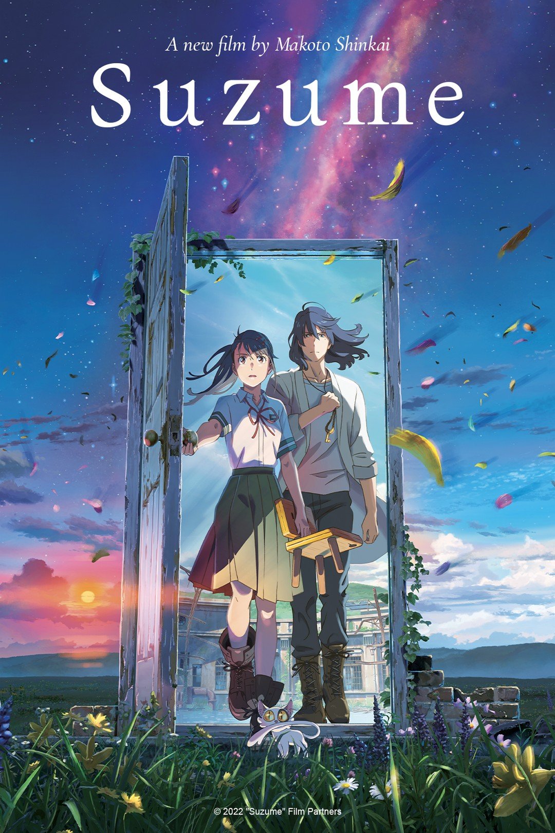 Poster illustration for Makoto Shinkai’s fantasy adventure Suzume (Suzume no Tojimari). The image shows Suzume, a girl in a school uniform, standing beside a mysterious young man in front of a broken door standing upright in an open landscape. Surrounding them are colorful skies, swirling clouds, and glowing cosmic light. The fantasy anime explores themes of love, disaster, and magical doorways that connect different worlds, blending coming-of-age adventure with supernatural mystery. Keywords: Suzume anime poster, Suzume no Tojimari film, Makoto Shinkai 2022, adventure fantasy anime, Japanese animated movie, magical doors anime story.

