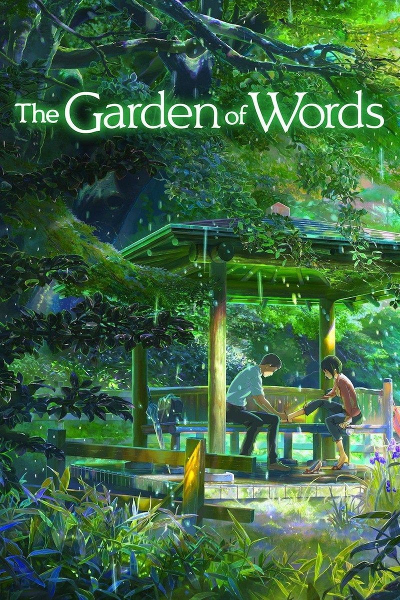 Poster for Makoto Shinkai’s anime film The Garden of Words. The artwork shows a lush, green Japanese garden during rainfall, with two characters—a teenage boy and an older woman—sitting under a wooden gazebo. The background is filled with vivid trees, reflections on wet stone steps, and soft sunlight filtering through the leaves. This romantic drama anime is known for its stunning hyper-realistic animation, themes of loneliness, connection, and nature’s beauty. Keywords: The Garden of Words anime poster, Makoto Shinkai film, romantic anime movie, beautiful Japanese garden background, emotional anime drama.